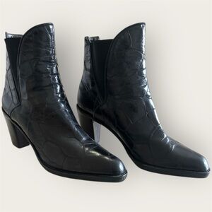 Via Spiga | Black Croc Embossed Leather Ankle Boots Block Heel Western Style,  7